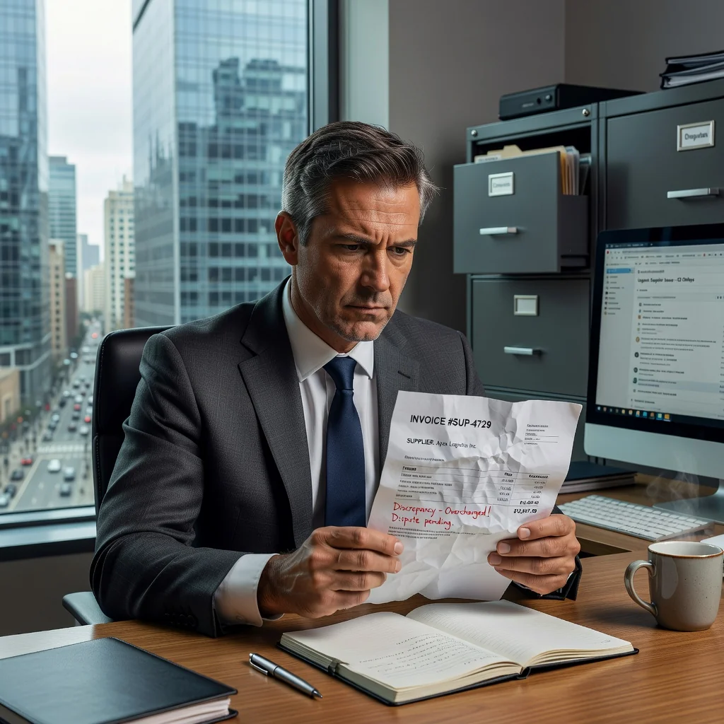 A photorealistic image depicting a frustrated adult business professional in a modern office setting, reviewing a problematic invoice from a supplier on their desk, with a determined expression as they prepare to file a formal complaint, symbolizing a dispute resolution process. The scene conveys tension and professionalism without showing any documents or text.