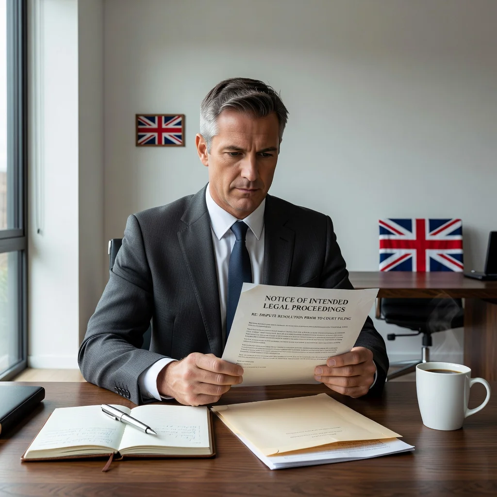 A photorealistic image of a determined adult professional sitting at a wooden desk in a home office, holding a formal letter in an envelope addressed to a company, with a laptop and legal books in the background, symbolizing preparation for sending a letter before action in a dispute.