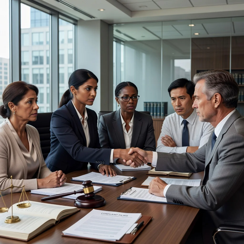 A photorealistic image depicting a diverse group of adults in a professional setting, such as a lawyer consulting with a client over legal documents, symbolizing common complaints and legal requirements in the US, with elements like a gavel or scales of justice in the background, conveying themes of justice and resolution without focusing on documents themselves.