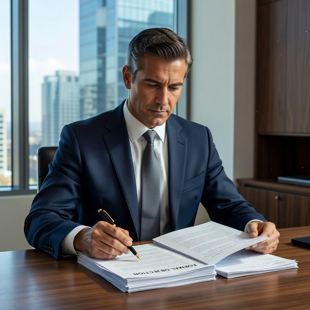 A photorealistic image of a determined adult professional sitting at a desk in a modern office, reviewing important documents with a focused expression, symbolizing the act of preparing and sending an objection letter to assert rights.