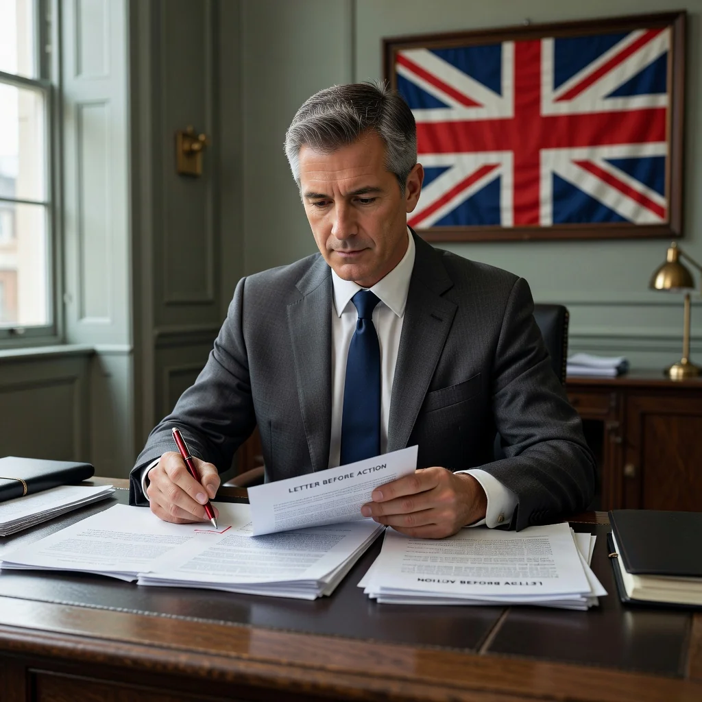 A photorealistic image depicting a professional adult in a modern UK office setting, looking determined while reviewing legal documents on a desk, symbolizing the preparation of a letter before action to avoid common mistakes in debt recovery or dispute resolution. The scene conveys tension and resolution without showing any children.