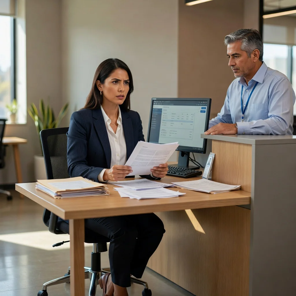 A photorealistic image depicting a frustrated adult Mexican customer in a modern office or service center, holding a complaint letter, looking determined as they address an issue with a service provider representative across a desk, with subtle Mexican cultural elements like flags or signage in the background.