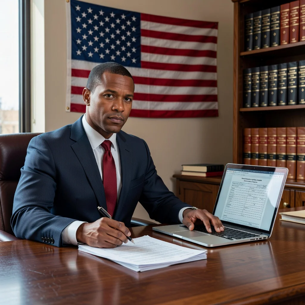 A photorealistic hero image depicting an empowered adult American citizen exercising their rights by submitting a formal complaint, symbolizing justice and protection in the USA. Show a diverse adult individual in a professional setting, perhaps at a desk with a laptop, confidently filling out a complaint form or speaking to a representative, with subtle American flag elements in the background to evoke patriotism and legal rights. The atmosphere should convey determination, fairness, and empowerment, suitable for an article on understanding rights when filing complaints.