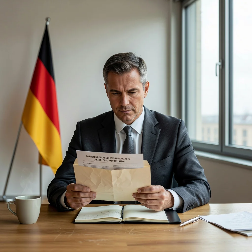 A photorealistic image of a concerned adult German citizen in a modern office setting, carefully reviewing a formal letter from a government authority, symbolizing the moment of receiving an official notice that might require filing an objection letter (Einspruchsbrief) in Germany. The focus is on the individual's thoughtful expression and the official envelope, evoking themes of legal rights and administrative processes, without showing any documents directly.