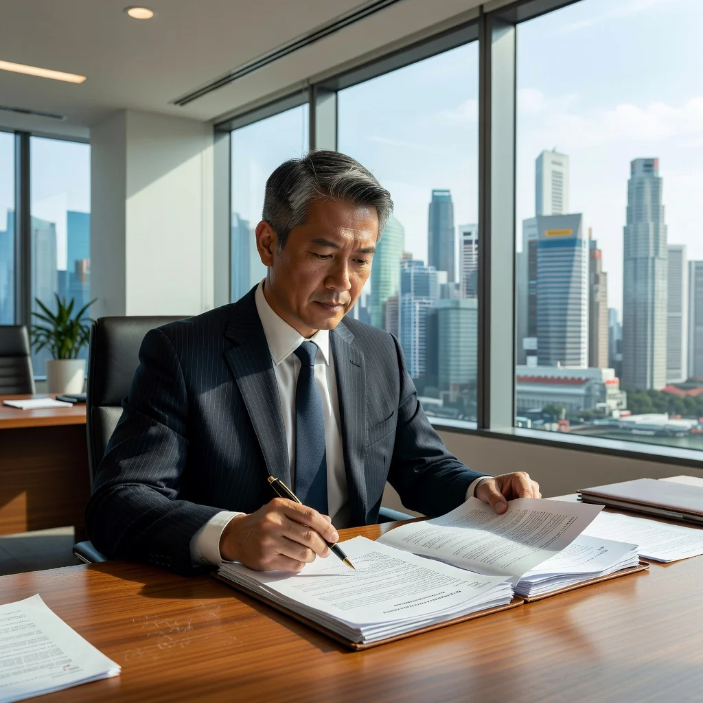 A photorealistic image of a confident adult professional in a modern Singapore office setting, sitting at a desk with a determined expression while reviewing important papers, symbolizing the assertive step of issuing a demand letter to resolve a dispute.