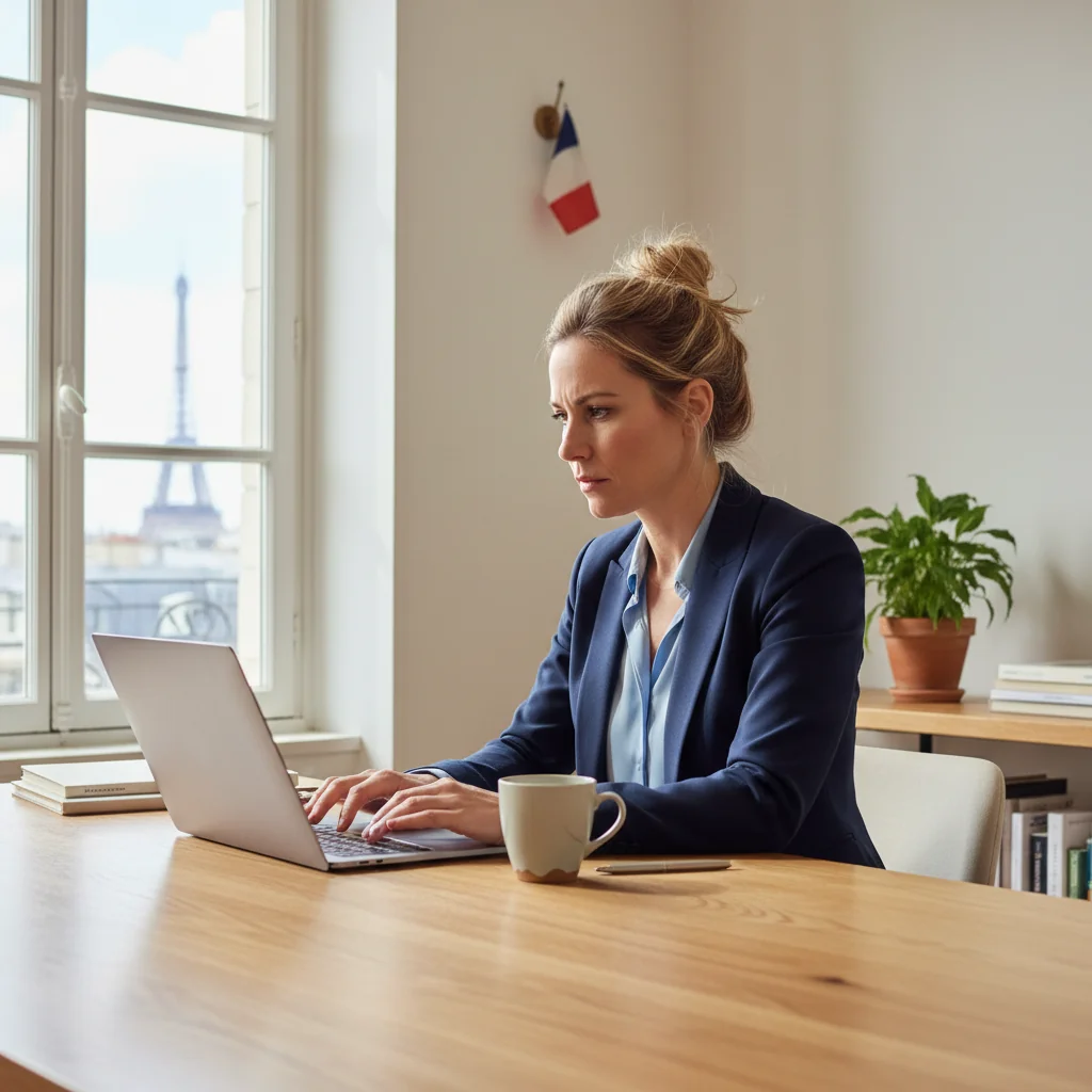 A photorealistic image of a determined adult French professional, such as a middle-aged man or woman, sitting at a desk in a modern office or home study in France, with a serious expression while writing a formal complaint letter on a computer or notepad, symbolizing the act of standing up for one's rights through effective written advocacy. The background includes subtle French elements like a window view of Parisian architecture or a French flag, but no legal documents are visible. No children are present in the image.