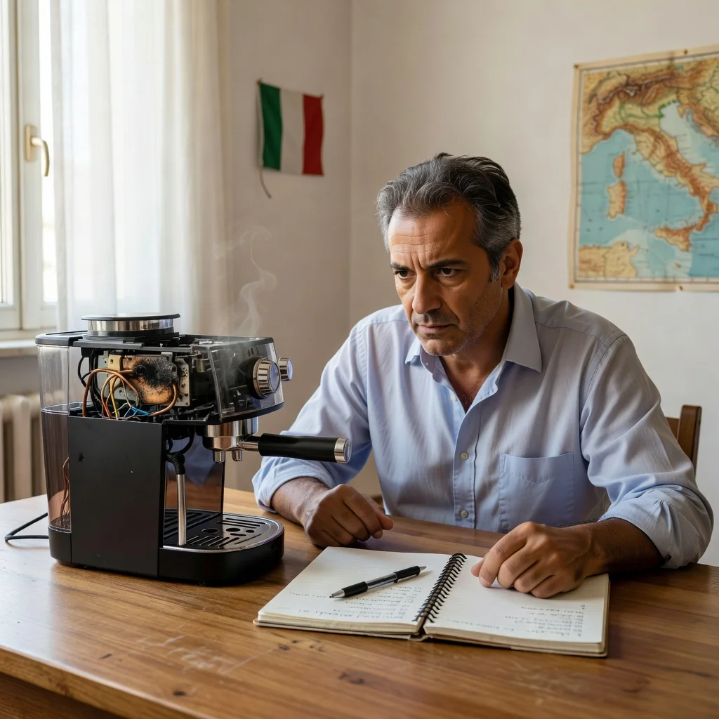 A photorealistic image of a frustrated adult Italian consumer in a modern office or home setting, examining a faulty product like a broken appliance on a table, with a determined expression as if preparing to write a complaint letter, symbolizing the purpose of filing an effective complaint in Italy. The scene conveys empowerment and resolution without showing any documents.