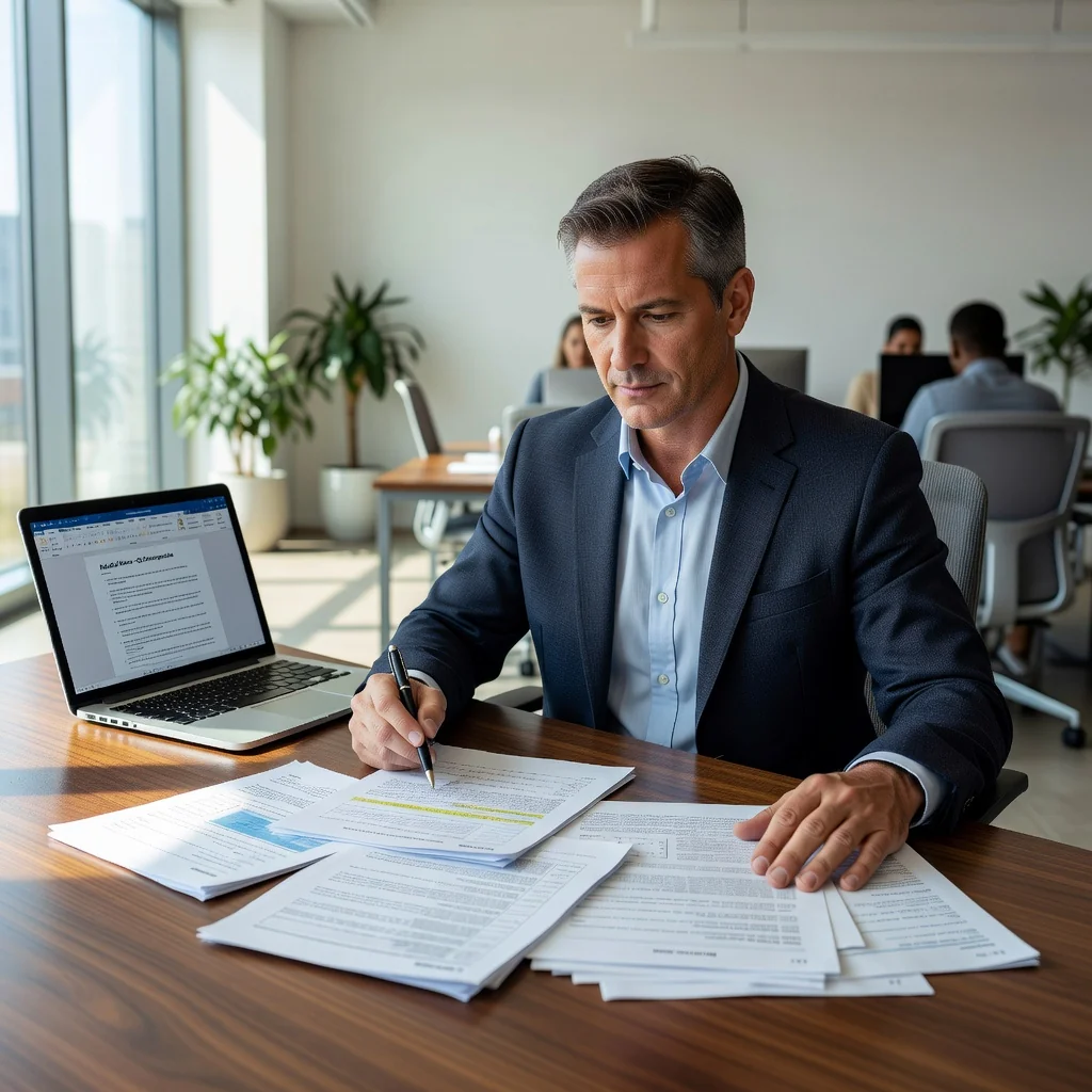 A photorealistic image of a determined adult professional sitting at a desk in a modern office, reviewing important documents with a focused expression, symbolizing the process of writing and submitting an objection letter to assert one's rights.