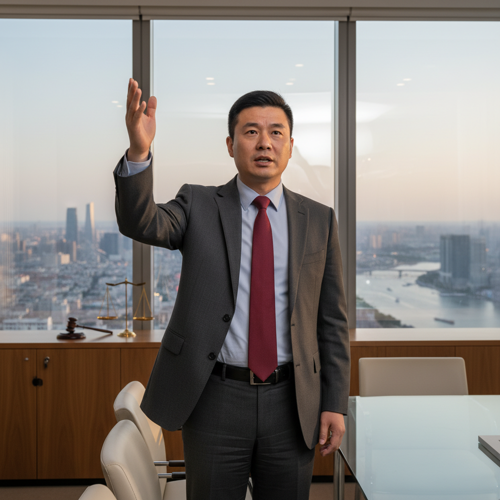 A photorealistic image of an adult Chinese professional, such as a lawyer or advocate, confidently standing in a modern office setting, holding a symbolic representation of justice like a balanced scale, with a determined expression, conveying the theme of effectively expressing appeals and seeking resolution through formal channels. The scene emphasizes empowerment and advocacy without focusing on any legal documents.