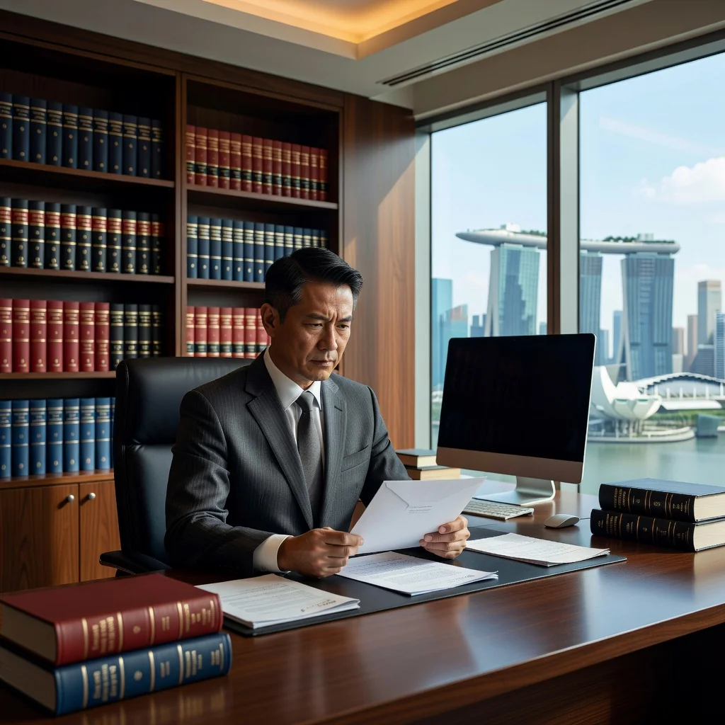 A photorealistic image depicting a professional adult in a modern Singapore office setting, looking determined while reviewing legal documents on a desk, symbolizing the formal demand and resolution aspect of a letter of demand, with subtle Singapore skyline in the background through a window. No children present.