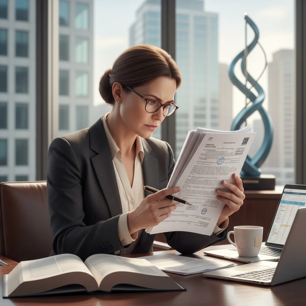 A photorealistic image of a determined adult professional in a modern office setting, reviewing legal papers with a focused expression, symbolizing the pursuit of justice in an administrative dispute, no children present.