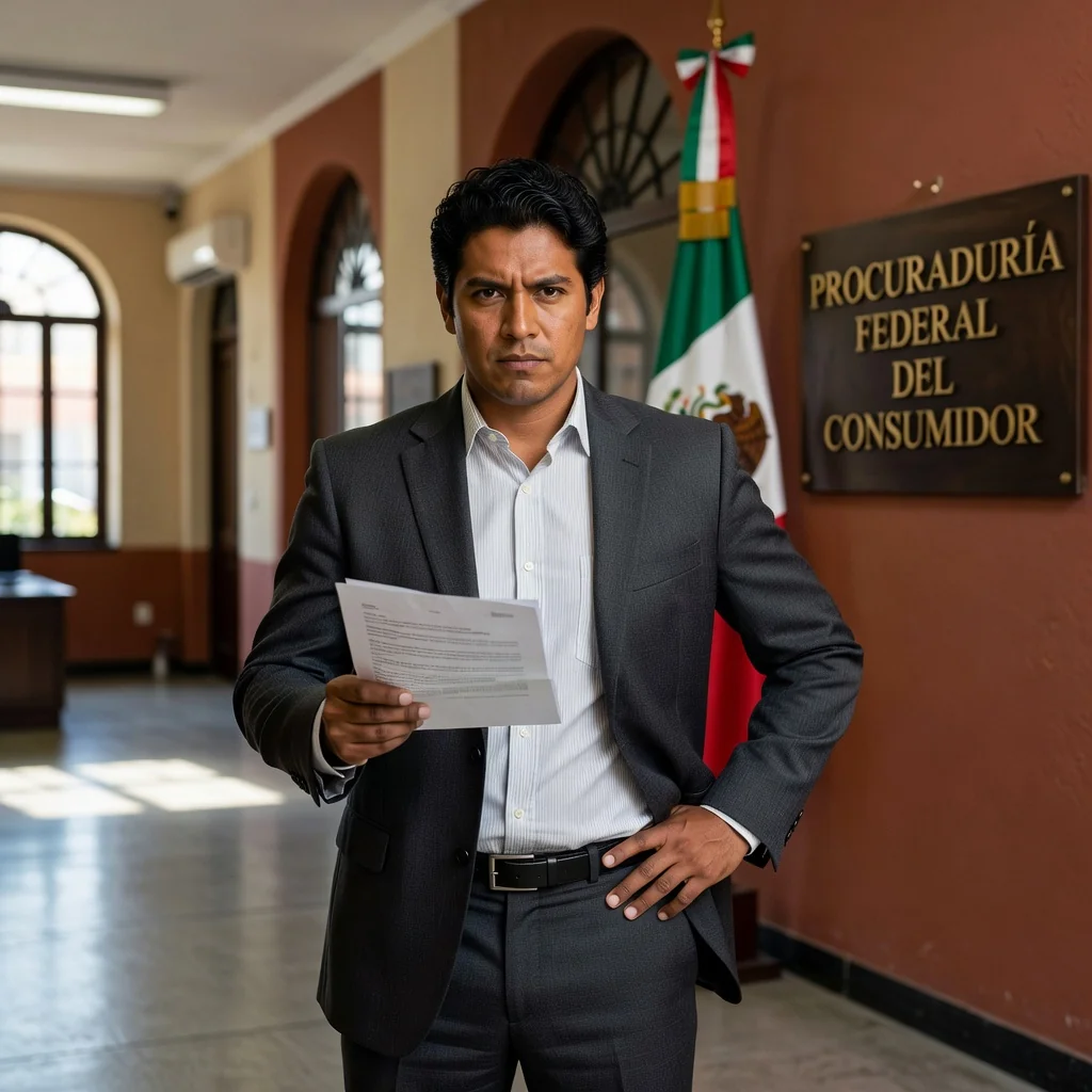 A photorealistic image of an empowered adult Mexican consumer standing confidently in a modern office, holding a formal complaint letter, symbolizing the assertion of consumer rights in Mexico. The scene conveys determination and justice, with subtle Mexican cultural elements in the background like a flag or cityscape, no children present.