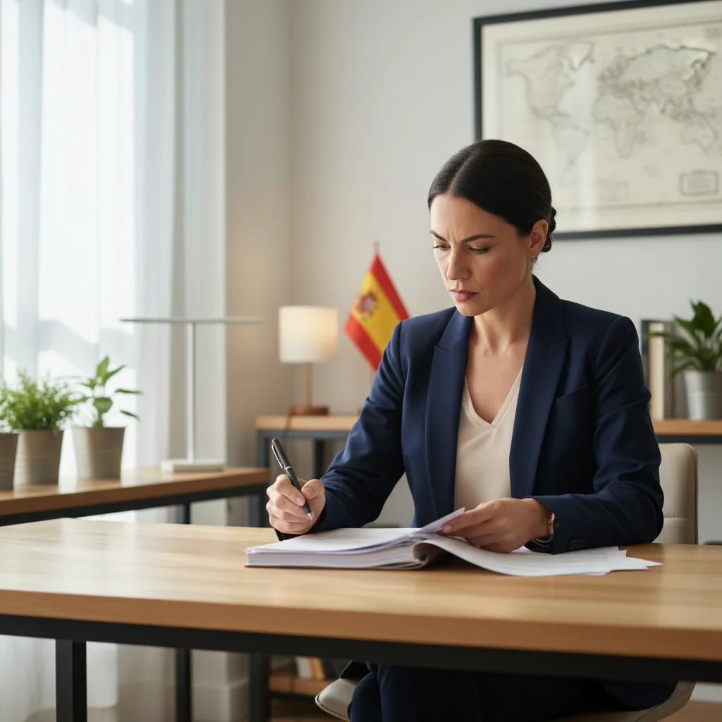 A photorealistic image of a determined adult professional sitting at a desk in a modern Spanish office, holding a pen and reviewing papers with a focused expression, symbolizing the process of preparing a formal complaint letter. The scene conveys empowerment and resolution without showing any legal documents directly. No children are present in the image.
