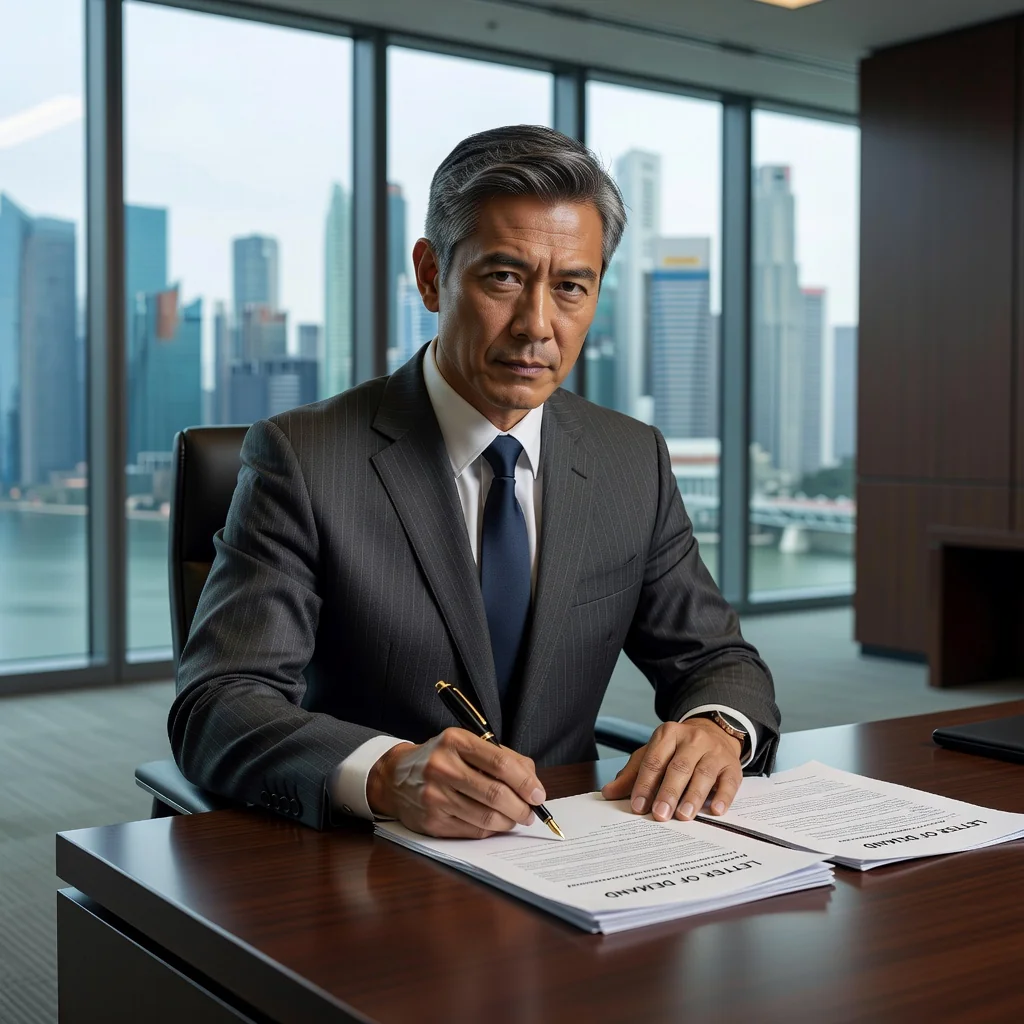 A photorealistic image depicting a professional adult in a modern Singapore office setting, looking determined while reviewing legal documents on a desk, symbolizing the assertive step of issuing a letter of demand to resolve a dispute, with subtle Singapore skyline in the background, no children present.