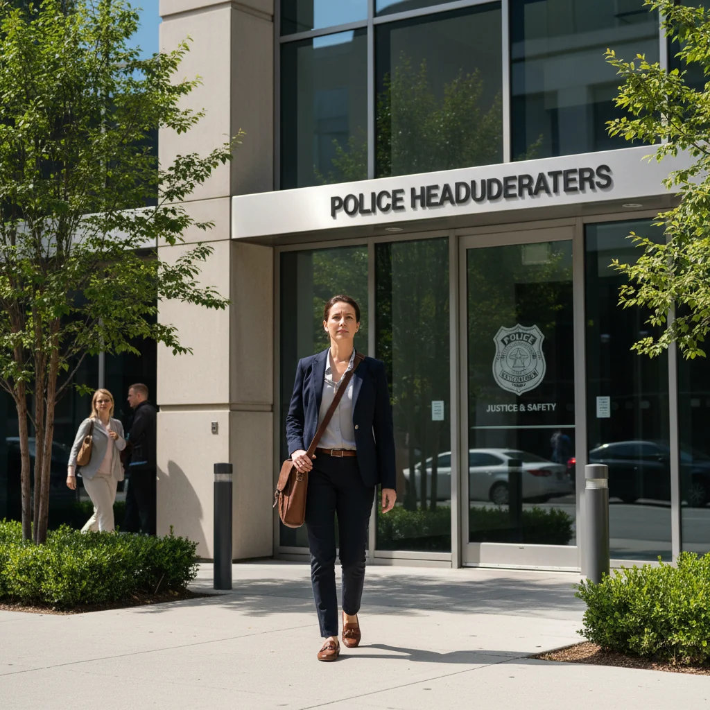 A photorealistic image depicting an adult citizen in a professional setting, confidently approaching a police station counter to report an incident, symbolizing the process of filing a complaint with the police. The scene includes a welcoming police officer behind the counter, emphasizing safety and support, with no focus on any legal documents.