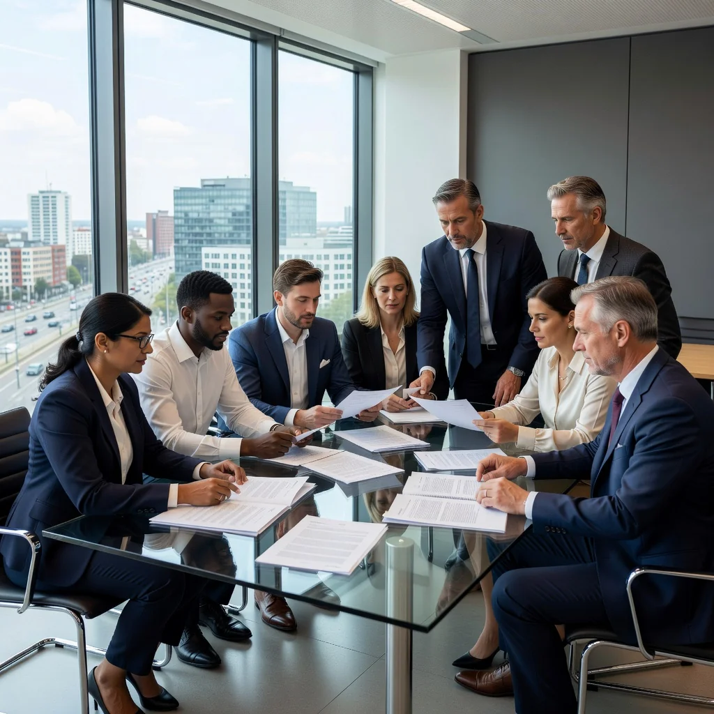 A professional business meeting in a modern German corporate office, with adults in business attire discussing documents around a conference table, symbolizing objection or appeal processes in corporate settings, photorealistic style.