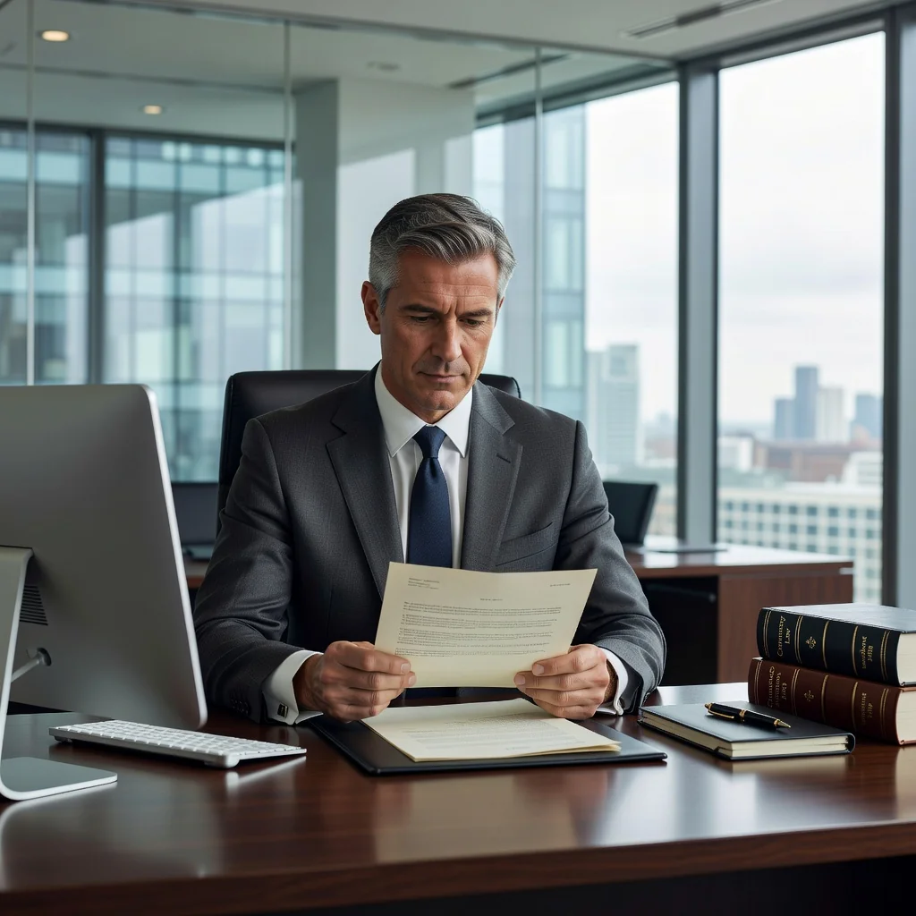 A professional corporate setting in the UK, depicting a business executive in a modern office reviewing legal correspondence with a serious expression, symbolizing the formal pre-action step in debt recovery or dispute resolution, with elements like a Union Jack flag in the background to indicate the United Kingdom context.