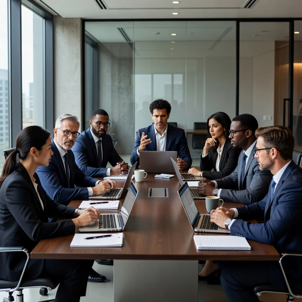 A professional business meeting in a modern corporate office where adults are discussing issues around a conference table, symbolizing the resolution of complaints in a corporate setting, photorealistic style with no children present.