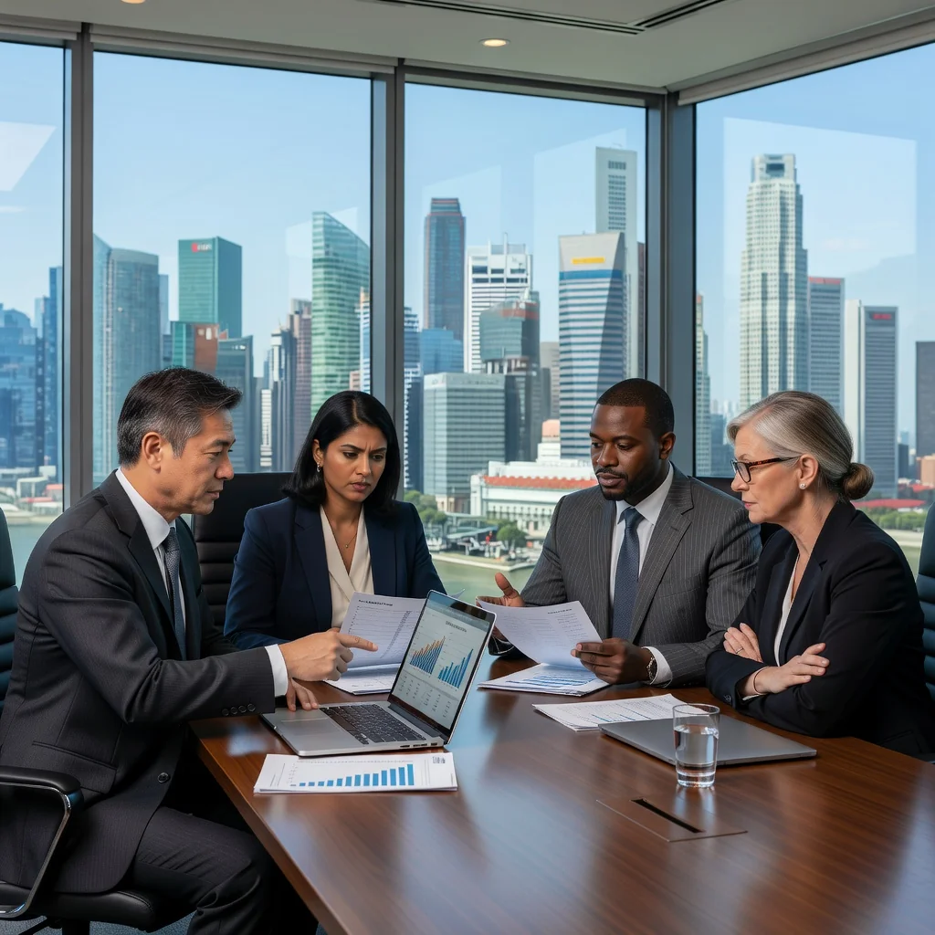 A photorealistic image depicting a professional business meeting in a modern Singapore office, where a diverse group of adults in business attire are discussing financial matters around a conference table, symbolizing the formal demand and resolution process in corporate disputes, with Singapore skyline visible through large windows in the background.