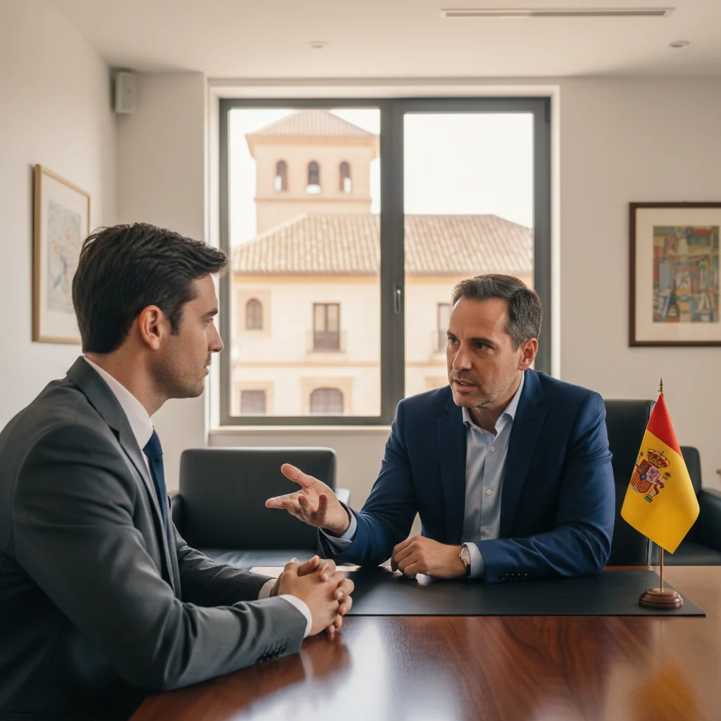 A photorealistic image of an adult professional in Spain looking determined and empowered while discussing a legal issue with a lawyer in a modern office, symbolizing the process of filing a formal complaint or claim, with Spanish cultural elements in the background like a flag or architecture, conveying justice and resolution without showing any documents.