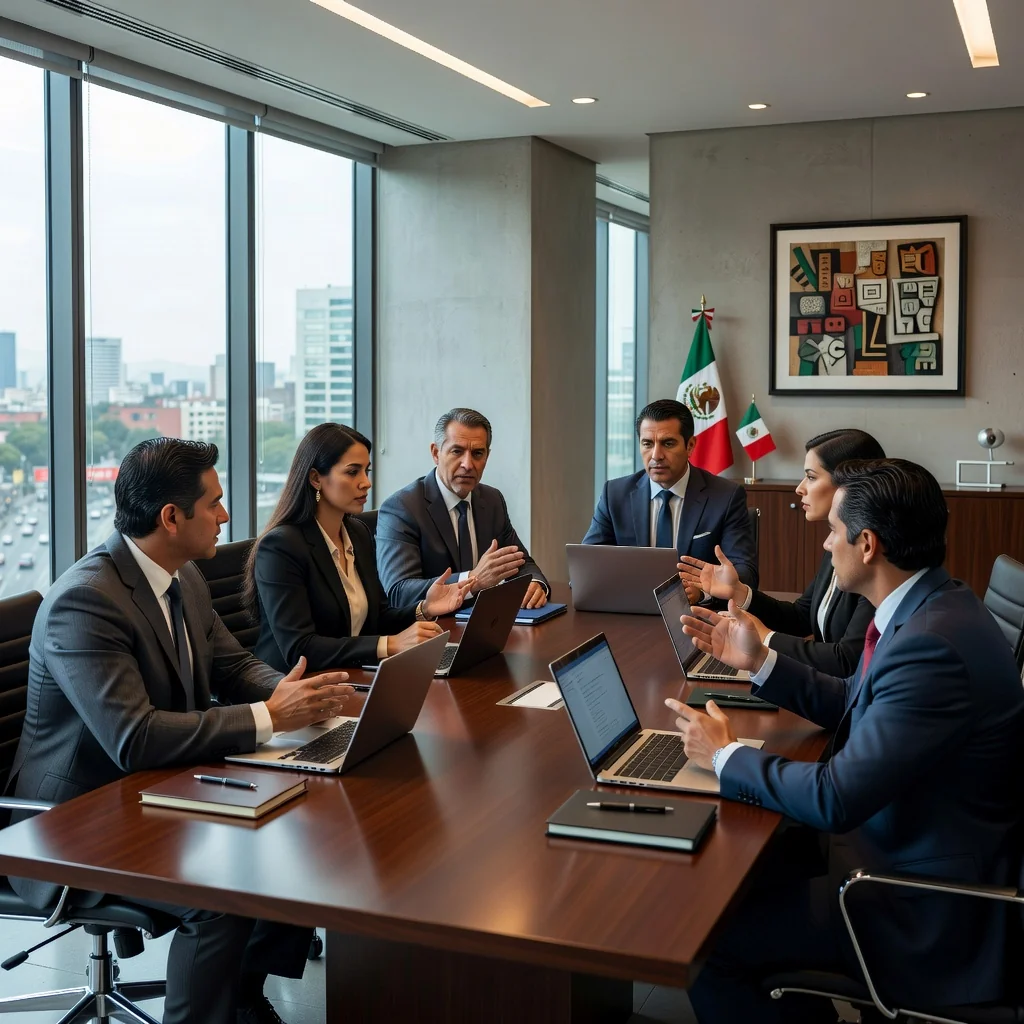 A photorealistic image of a professional business meeting in a modern Mexican corporate office, where a diverse group of adult professionals, including men and women in business attire, are discussing a complaint resolution around a conference table. The scene conveys professionalism, resolution, and corporate communication in Mexico, with subtle Mexican cultural elements like flags or decor in the background. No children are present.