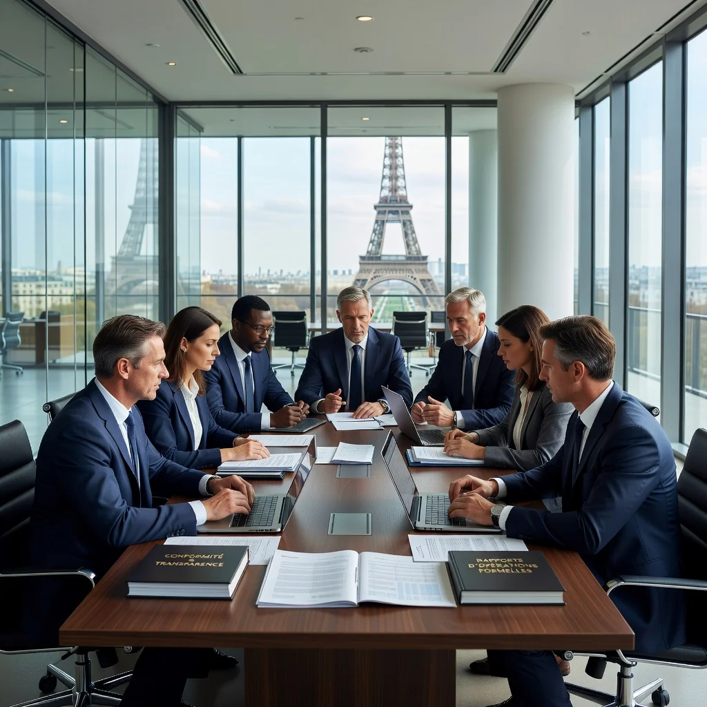 A photorealistic image representing the purpose of plain corporate documents in France, such as compliance and business operations, featuring a professional adult business meeting in a modern French office setting with Eiffel Tower view, adults in suits discussing around a conference table, no documents visible, emphasizing corporate transparency and formality.