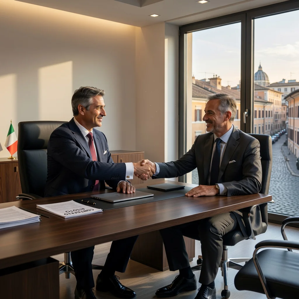 A professional scene representing customer complaint resolution in a corporate Italian context, featuring an adult business professional in a modern office shaking hands with a satisfied client across a desk, symbolizing successful dispute settlement, with subtle Italian elements like a flag or architecture in the background, photorealistic style.