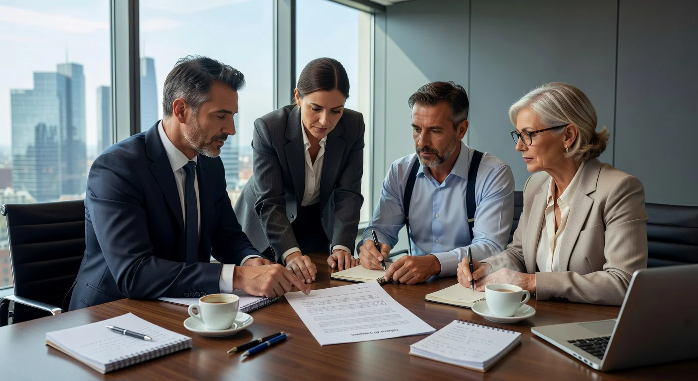 Corporate team reviewing reclamo document in meeting