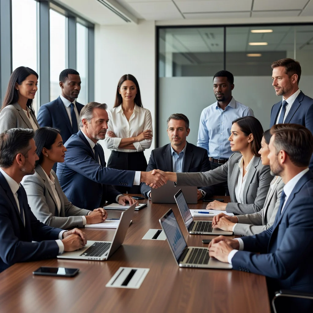 A professional business meeting in a modern conference room where adults are discussing and shaking hands over a deal, symbolizing agreement and risk management in commercial contracts, photorealistic style.