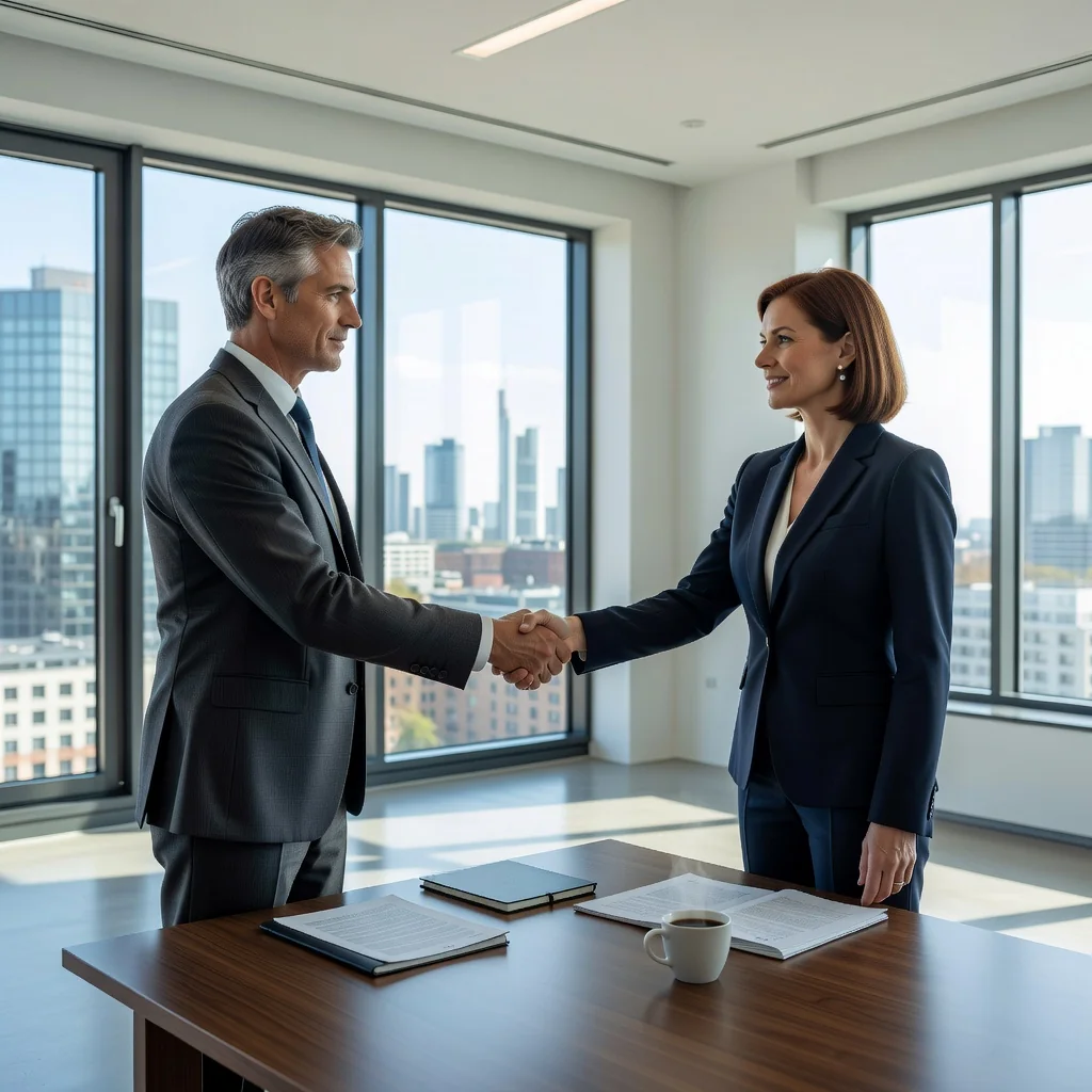 A photorealistic image of a professional business meeting in a modern German office, where two adults in business attire are shaking hands across a conference table, symbolizing a formal indemnity agreement or compensation arrangement, with subtle German flag elements in the background to represent the legal context in Germany.