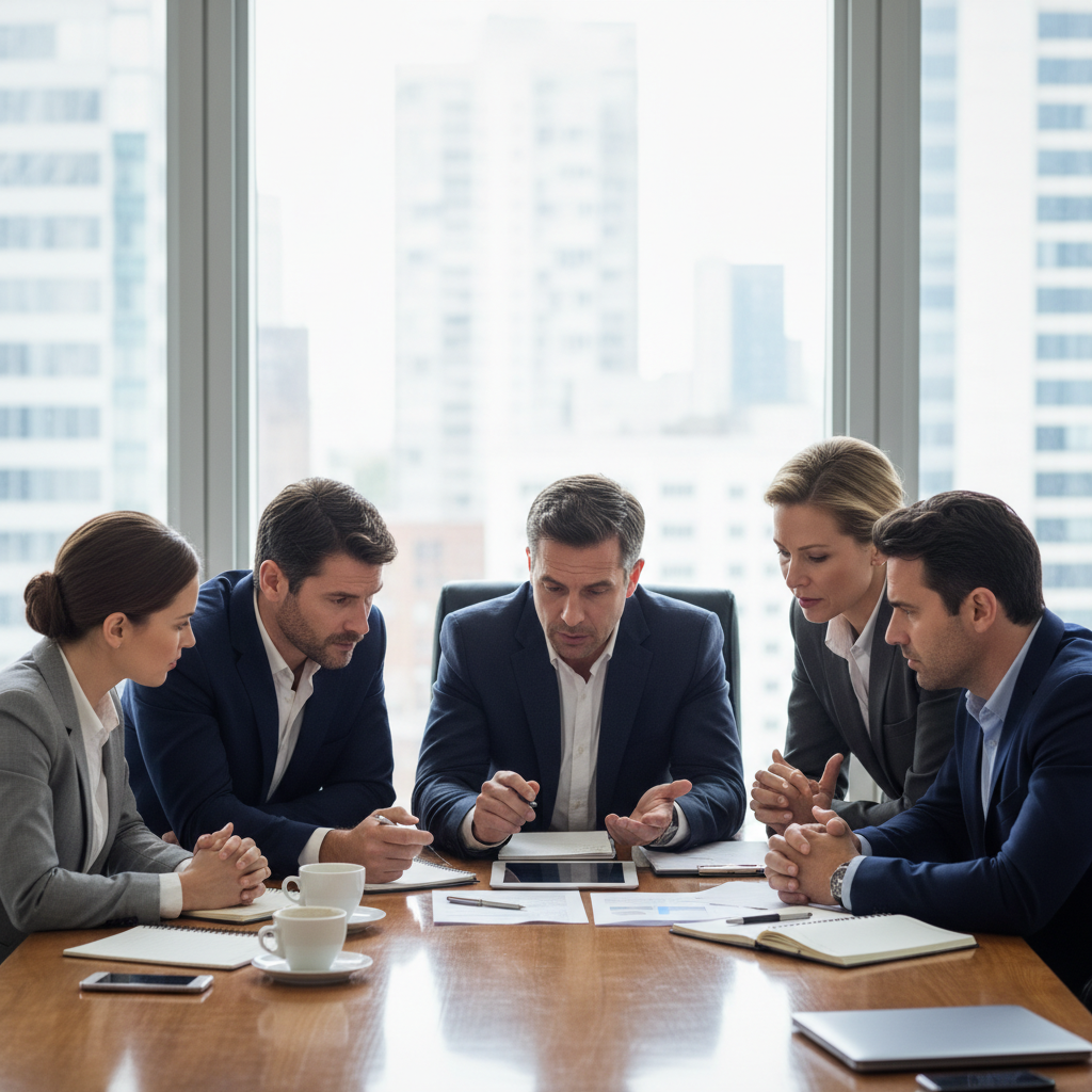 A photorealistic image depicting a diverse group of adults in a professional setting, such as a business meeting or signing a waiver before an outdoor activity like hiking, symbolizing caution and risk management in liability agreements. The scene conveys awareness and protection without showing any legal documents.