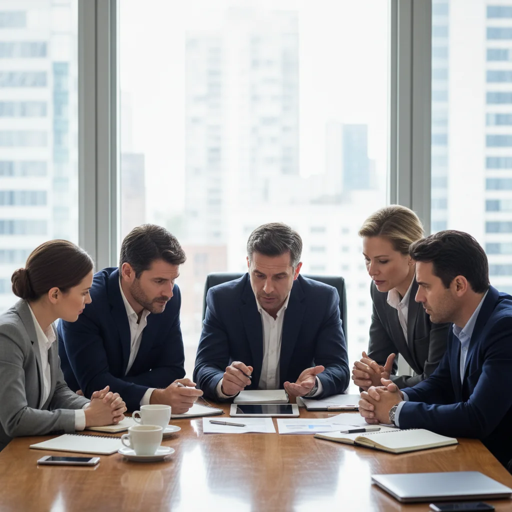 A photorealistic image depicting a diverse group of adults in a professional setting, such as a business meeting or signing a waiver before an outdoor activity like hiking, symbolizing caution and risk management in liability agreements. The scene conveys awareness and protection without showing any legal documents.