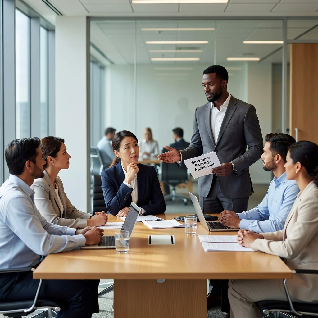 A photorealistic image of a professional business meeting in a modern office, showing adults discussing terms of a severance agreement, with a sense of balanced pros and cons, no legal documents visible, emphasizing workplace transitions.