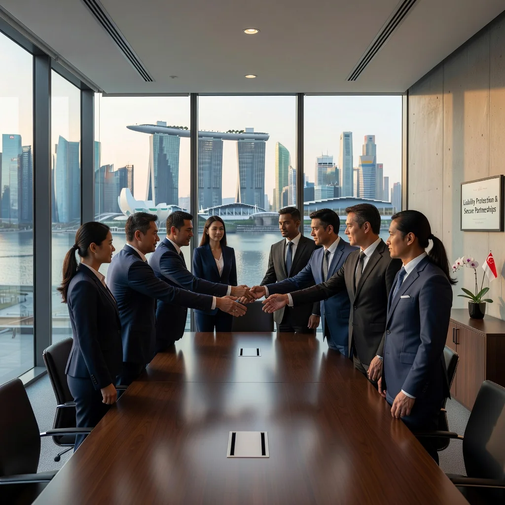 A photorealistic image of a diverse group of adult professionals in a modern Singapore office setting, shaking hands confidently across a conference table during a business agreement meeting, symbolizing protection and risk management for businesses, with elements like the Singapore skyline visible through large windows in the background.