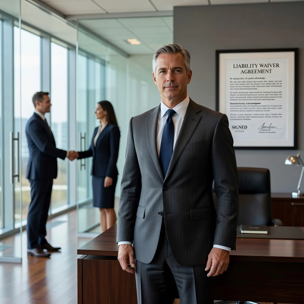 A photorealistic image depicting a professional adult signing a liability waiver form in a business setting, such as a gym or adventure park, symbolizing protection and agreement without focusing on the document itself. No children present.