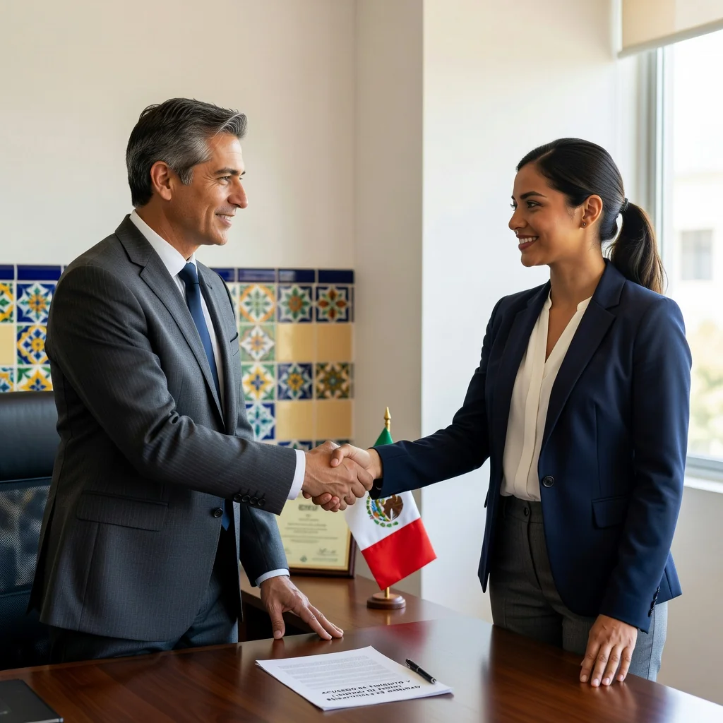 A photorealistic image of two adults, an employer and an employee, shaking hands amicably in a modern Mexican office setting, symbolizing the settlement and release of responsibilities in an employment termination agreement. The scene conveys a positive resolution and mutual agreement, with subtle Mexican cultural elements like a flag or office decor in the background.