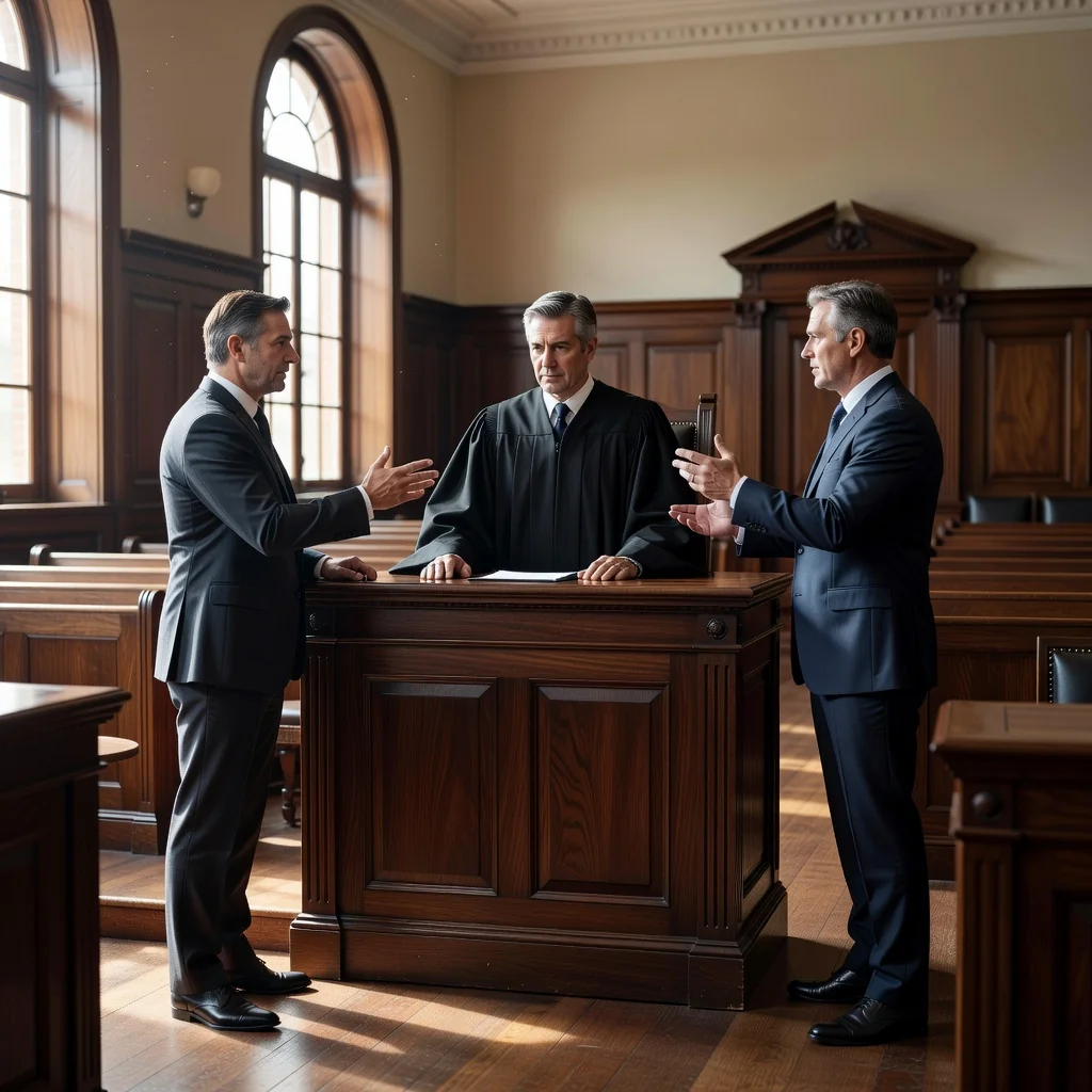 A professional courtroom scene representing the judicial process, with a judge in robes presiding over a session, lawyers presenting arguments at a bench, and a subtle gavel on the desk, evoking the essence of drafting a judicial transaction document without showing any actual documents.