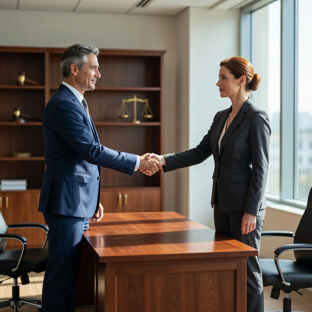 A photorealistic image symbolizing relief from general liability responsibility, depicting a professional adult shaking hands with a lawyer in a modern office, representing successful legal exoneration, with a subtle background of a gavel and scales of justice, no children present.