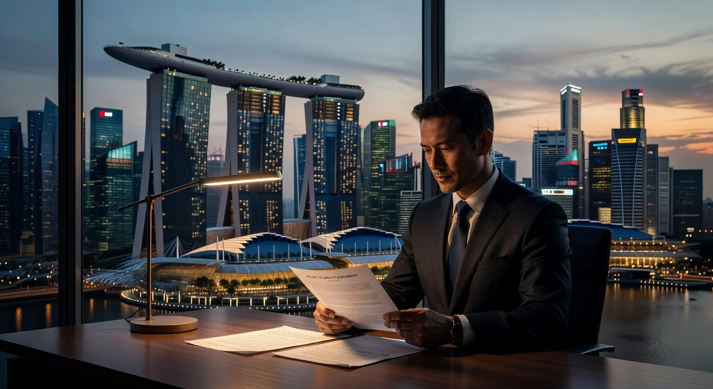 Singapore skyline with legal documents