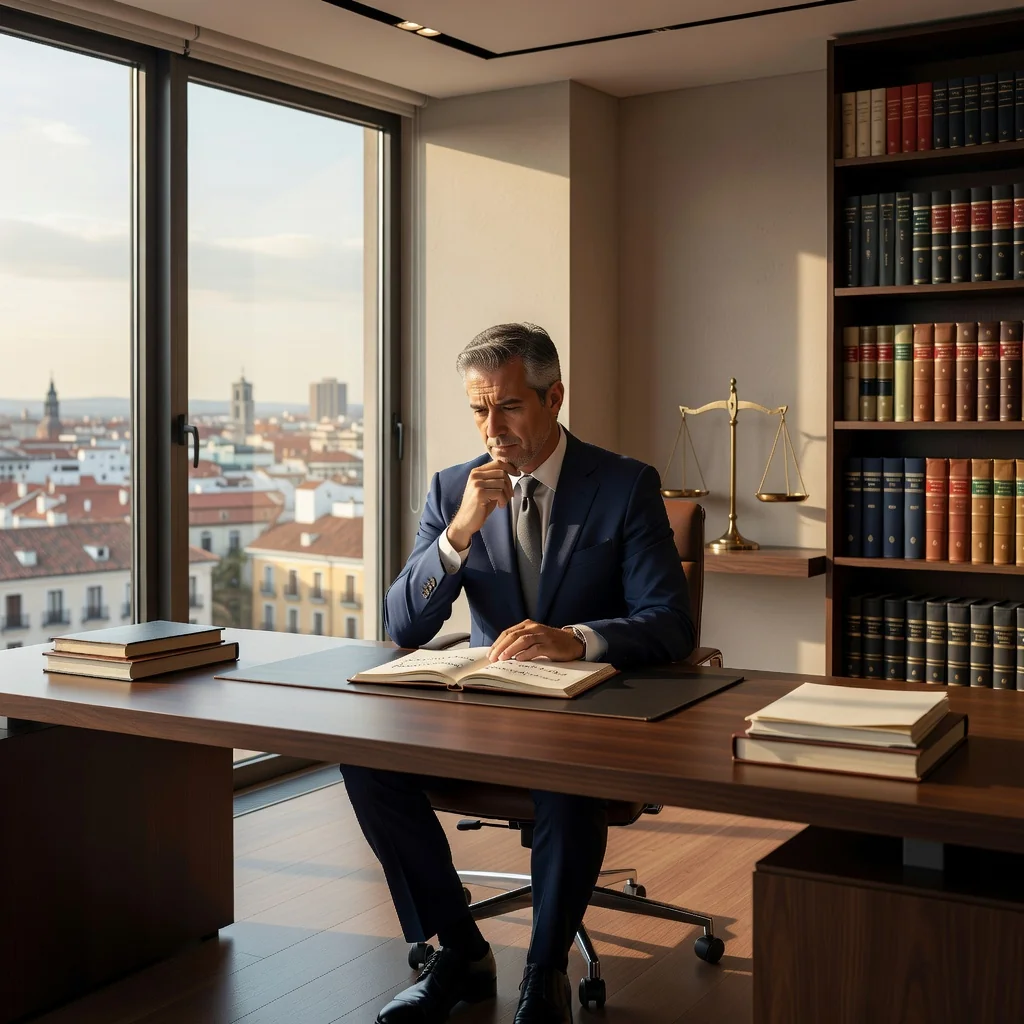 A photorealistic image of a professional Spanish lawyer in a modern office, thoughtfully reviewing a legal document on a desk, with symbols of balance like scales of justice in the background, representing the benefits and limitations of liability waivers in Spanish law. The scene conveys professionalism, fairness, and legal contemplation, without any focus on the document itself but on the human element involved.