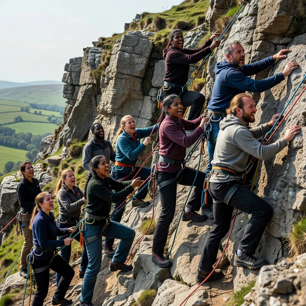 A photorealistic image depicting a group of adults engaging in an adventurous outdoor activity, such as rock climbing in a scenic UK landscape, symbolizing the need for liability waivers in high-risk pursuits, with no children present.