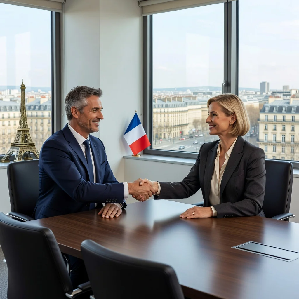 A photorealistic image of two adults in a professional meeting room, shaking hands amicably across a table to symbolize a friendly settlement in French law, with subtle French legal elements like a tricolor flag in the background, conveying balance and agreement without focusing on documents.