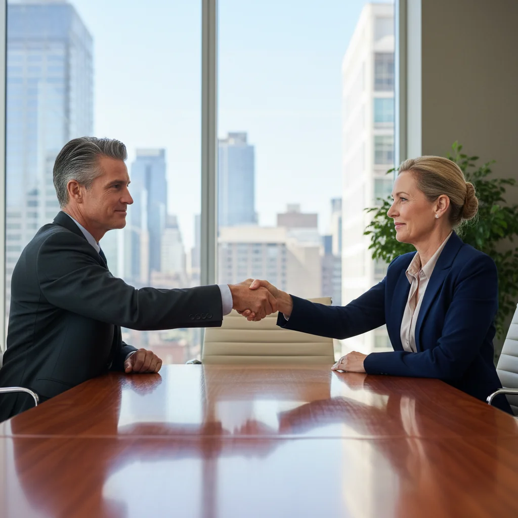 A photorealistic image of two adults shaking hands firmly across a wooden desk in a professional office setting, symbolizing agreement and release of liability, with a city skyline visible through large windows in the background, conveying trust and resolution without any documents visible.