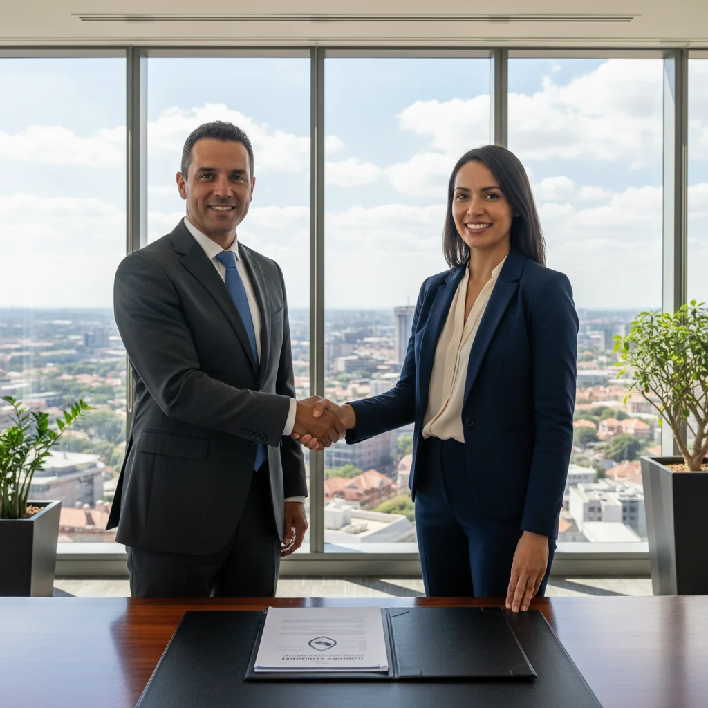 A photorealistic image of a professional adult businessperson in a modern South African office setting, shaking hands confidently with another adult colleague across a desk, symbolizing agreement, protection, and indemnity in a business context. The scene conveys trust and security without showing any legal documents. No children are present. The image is set in a bright, contemporary office with subtle South African elements like a flag or local artwork in the background.