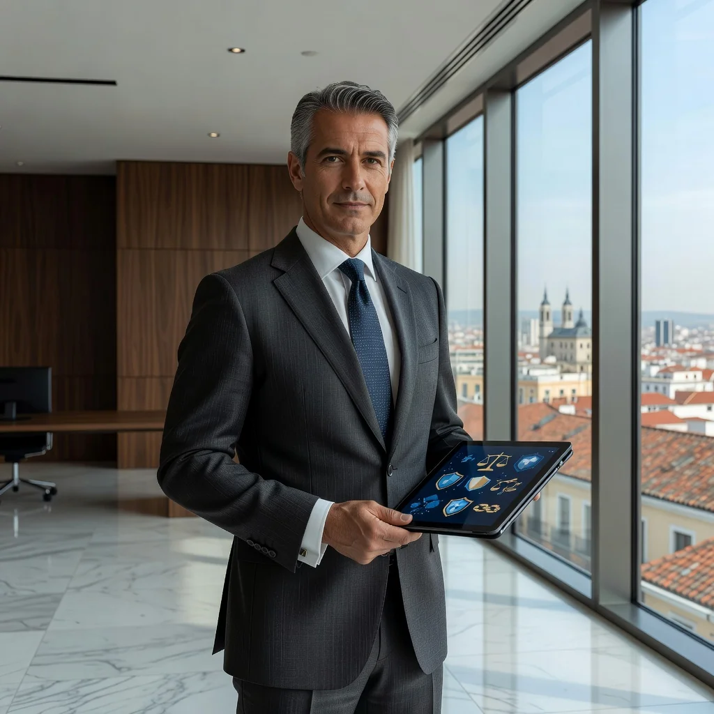 A photorealistic image symbolizing legal protection and exoneration of liability in Spain, featuring a confident adult professional in a modern Spanish office setting, reviewing a contract with a sense of security, with subtle Spanish flag elements in the background, conveying trust and legal assurance without focusing on documents.