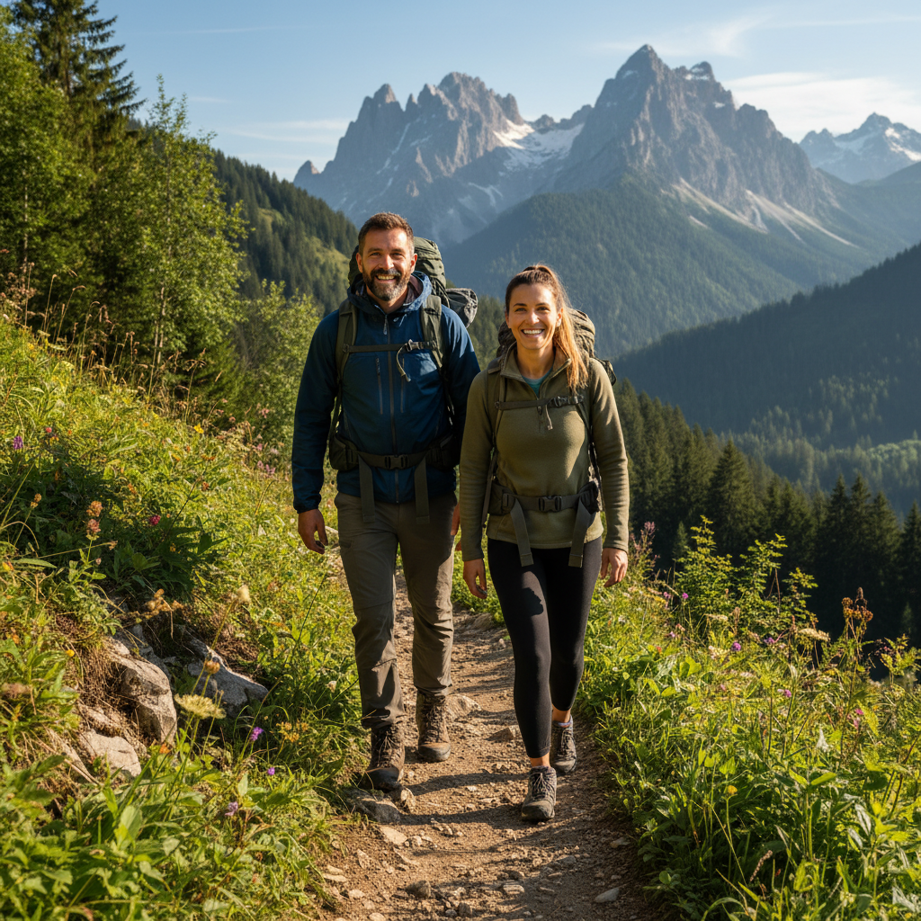 A photorealistic image representing the purpose of a general release of liability form, such as adults engaging in a safe outdoor activity like hiking on a scenic trail, symbolizing risk management and protection without showing any documents or children.