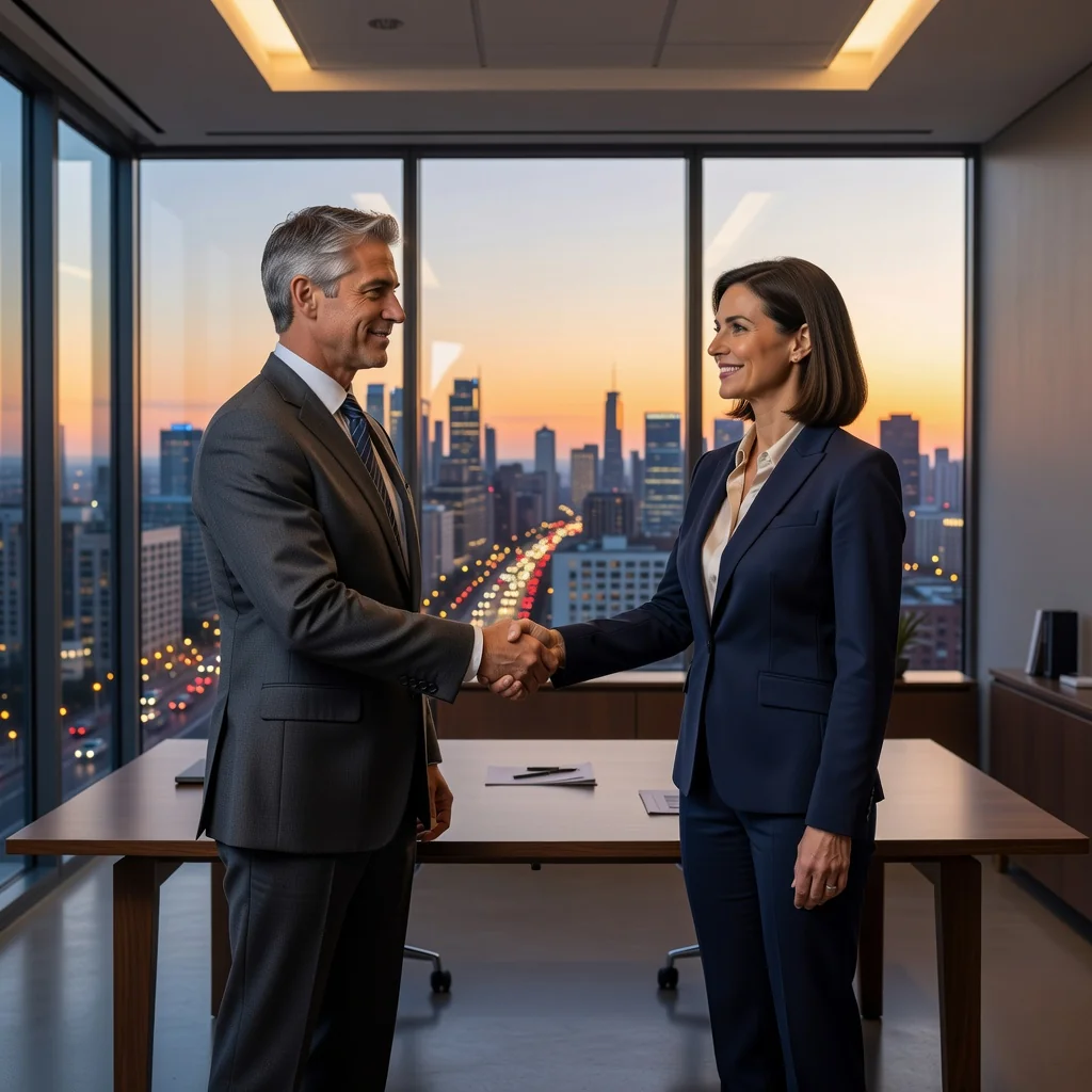 A photorealistic image symbolizing the purpose of an indemnification agreement, showing two professional adults in a business meeting shaking hands over a conference table, with a city skyline visible through a window in the background, representing protection and mutual agreement in a corporate context.