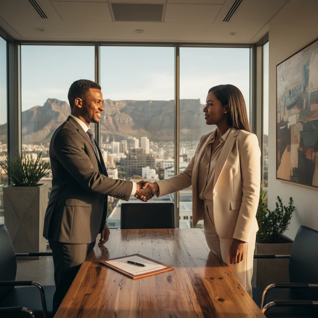 A photorealistic image of two South African adults shaking hands across a desk in a professional office setting, symbolizing agreement and protection in a business deal, with subtle South African elements like a flag or landscape view in the background. No children are present.