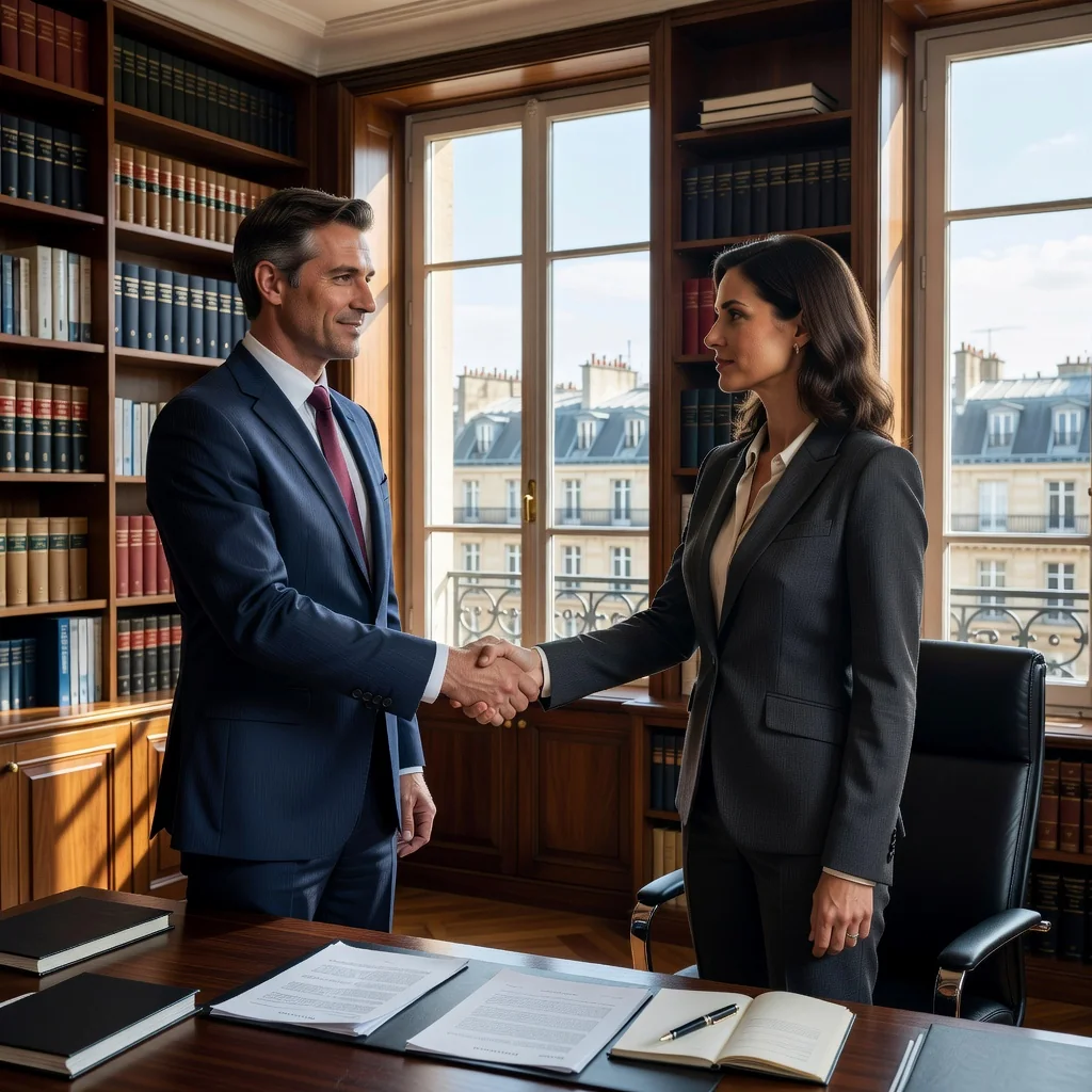 A photorealistic image representing the resolution of a legal dispute in France, showing two adults shaking hands in agreement in a modern French office setting with subtle French elements like a flag or Eiffel Tower view in the background, symbolizing a successful transaction or settlement without focusing on any documents.