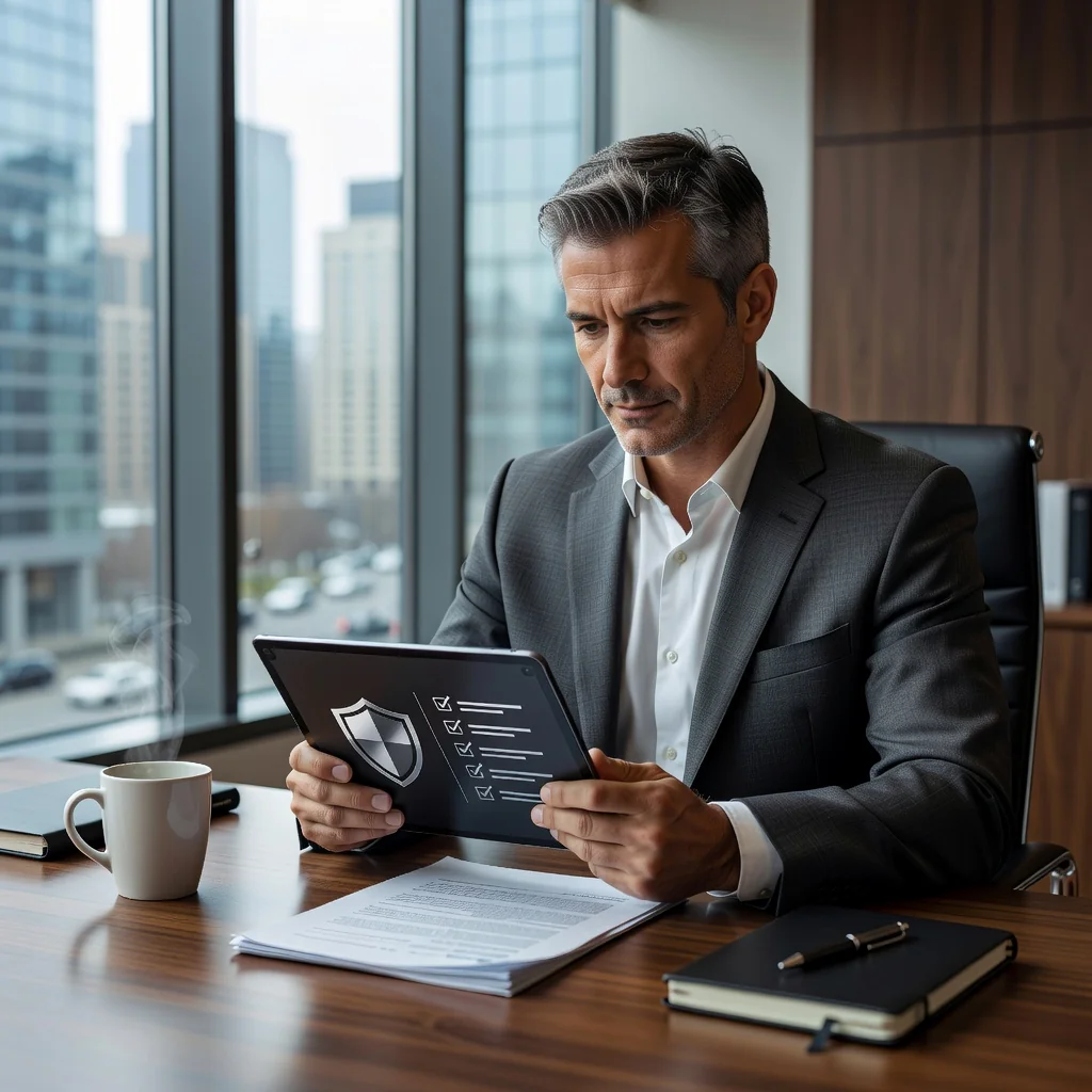 A professional scene representing protection and risk management, such as a confident business professional in a modern office setting, reviewing guidelines on a tablet, symbolizing the careful drafting of effective disclaimers to safeguard interests.